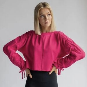 Chic Hot Pink Ruched Sleeve Crop Top Blouse